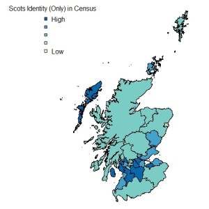 A question asked in 2011 Census asked about identity. This map looks at the proportions in each Local Authority who claimed "Scottish" as their only identity.