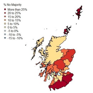 No majority (% of valid ballots counted) in each local authority area